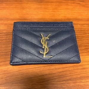 YSL Caviar Leather Card Holder - Navy Blue